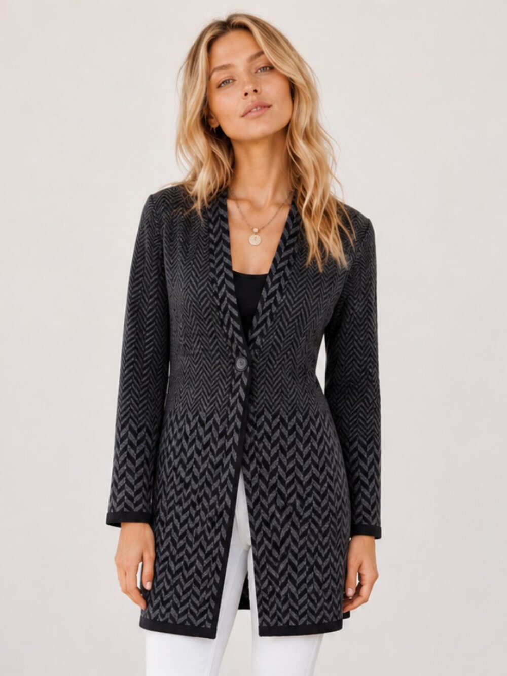 BLACK RIVET Chevron Knit Stretch Longline Cardigan Sweater Black Gray Sz L EUC
